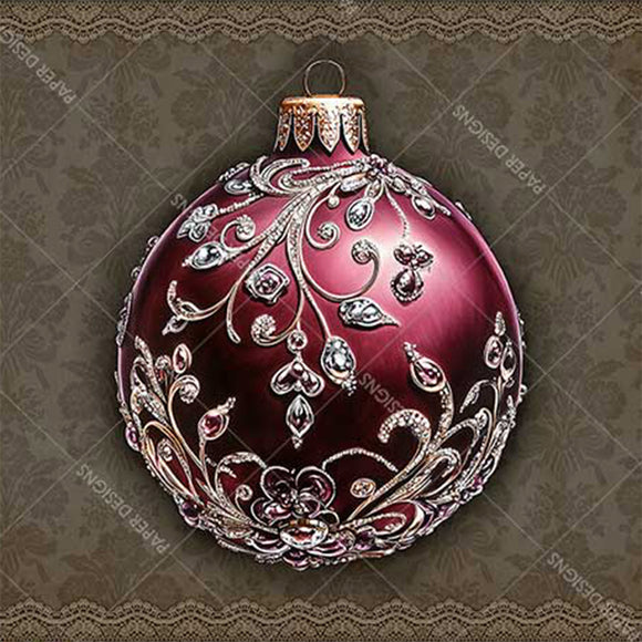 Decorative red Christmas ball ornament with intricate silver designs on a textured brown background.