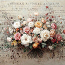 Floral arrangement on a background of sheet music with text