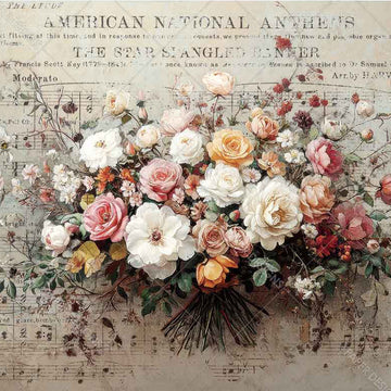 Floral arrangement on a background of sheet music with text
