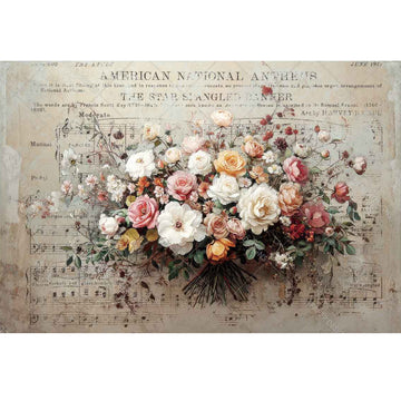 Floral arrangement on a sheet of music with 'The Star-Spangled Banner' text