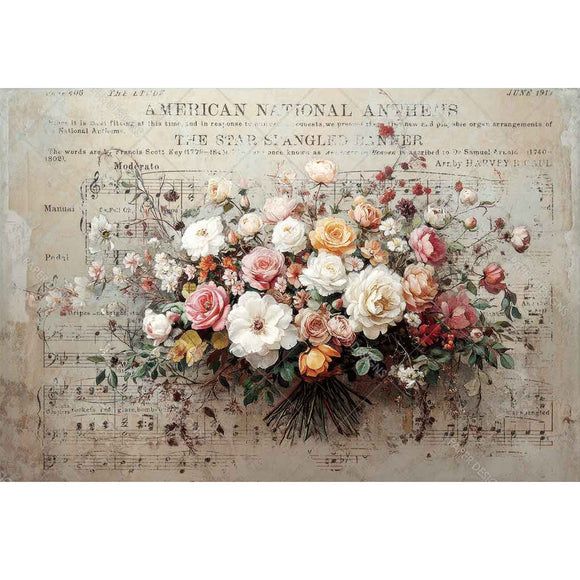 Floral arrangement on a sheet of music with 'The Star-Spangled Banner' text