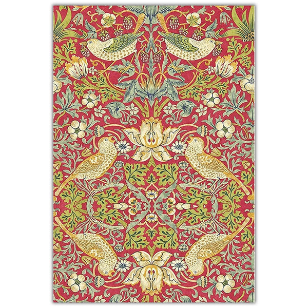A3 rice paper design that features a vibrant red backdrop adorned with birds and flowers in a vivid blend of blues, olives, and mustards. White borders are on the sides.