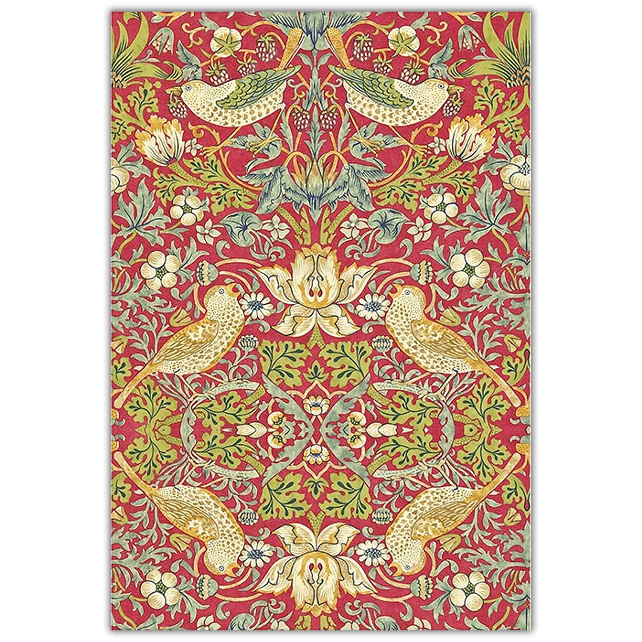 A2 rice paper design that features a vibrant red backdrop adorned with birds and flowers in a vivid blend of blues, olives, and mustards. White borders are on the sides.