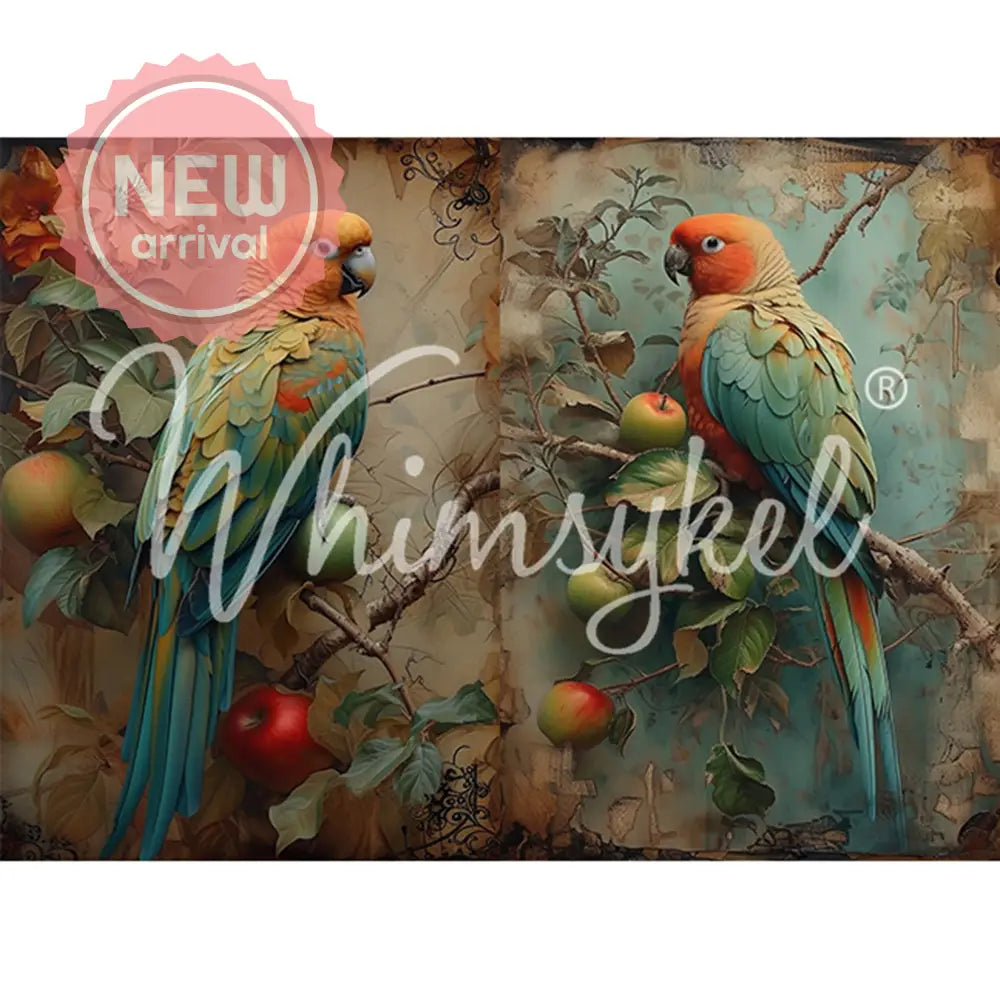 Tissue paper featuring two vibrant designs of parrots perched amongst vibrant flowers and fruits against soft brown and teal blue backgrounds. White borders are on the top and bottom.