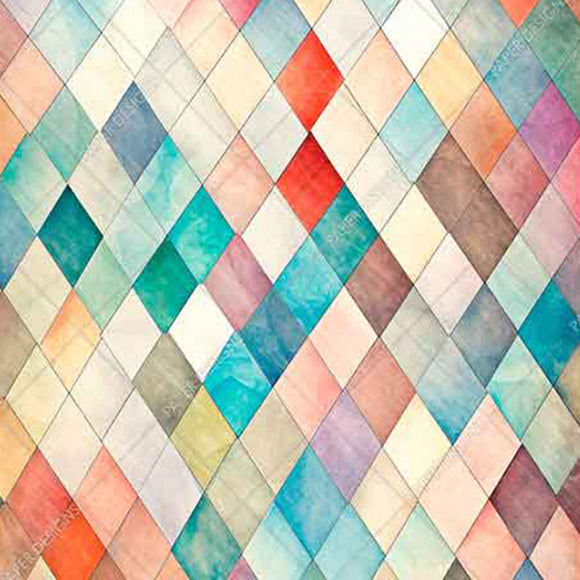 Close-up of a rice paper design that features a playful diamond print in shades of teal, orange, and cream.