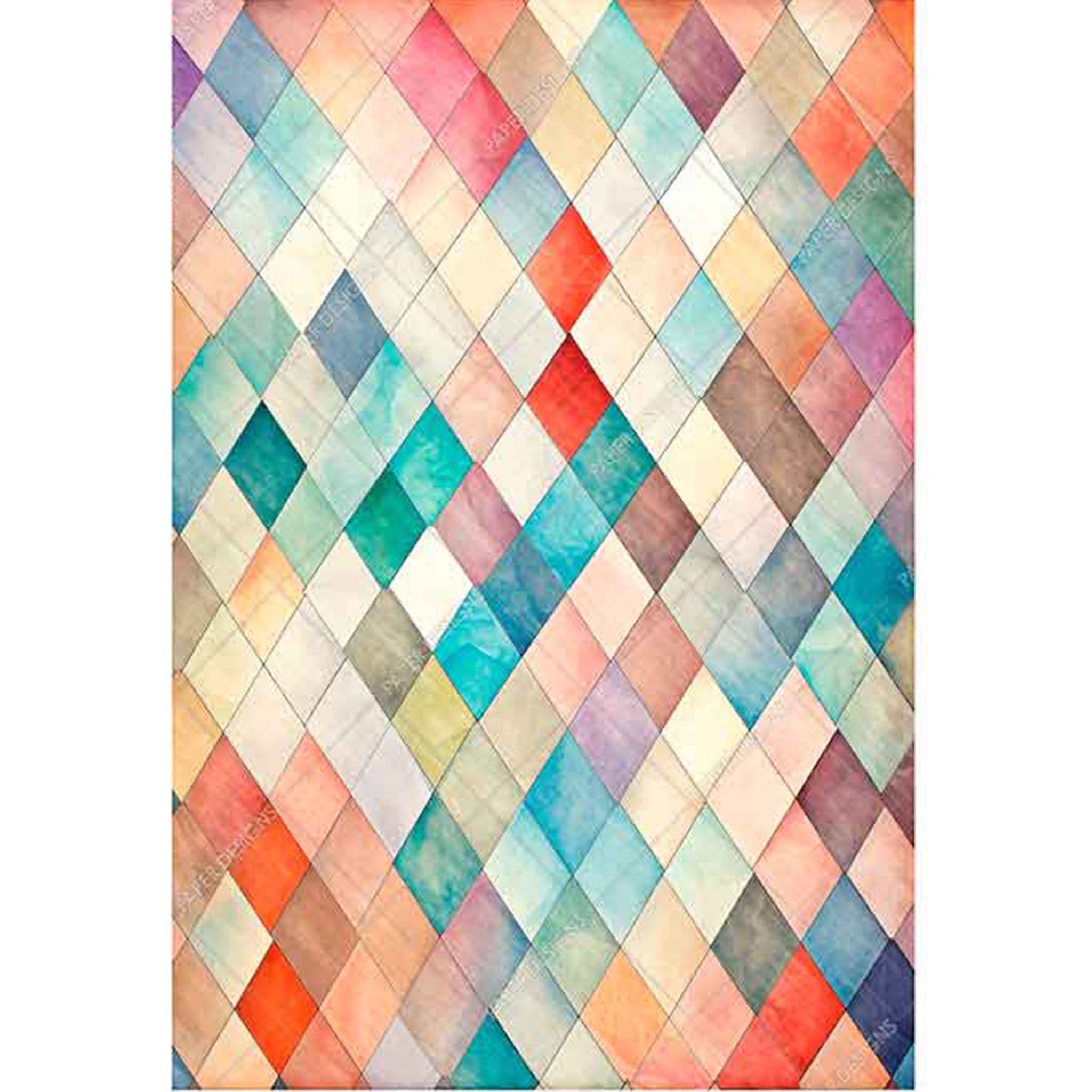 A1 rice paper design that features a playful diamond print in shades of teal, orange, and cream. White borders are on the sides.