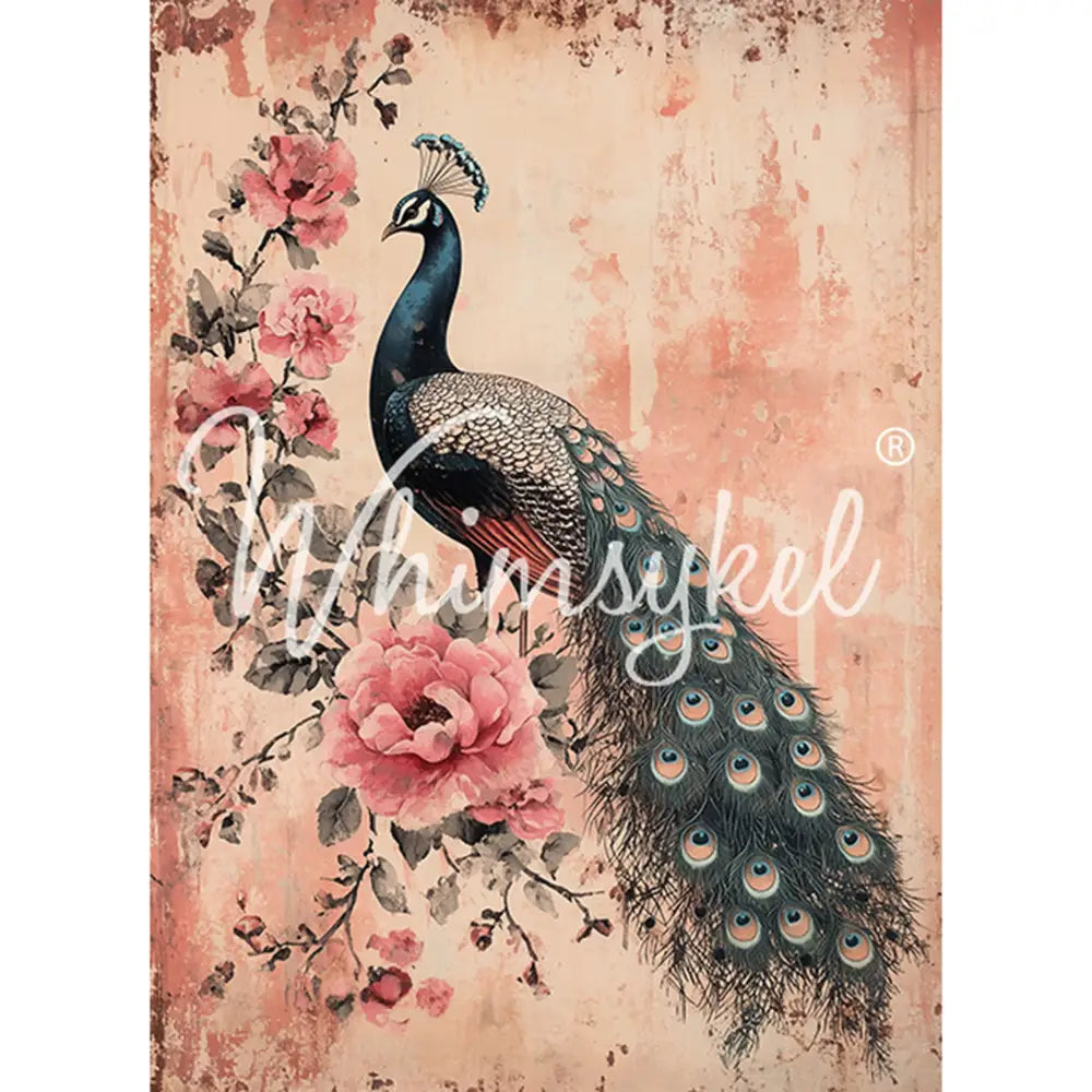 Tissue paper featuring an elegant blue peacock surrounded by vibrant pink flowers against a soft pink background. White borders are on the sides.