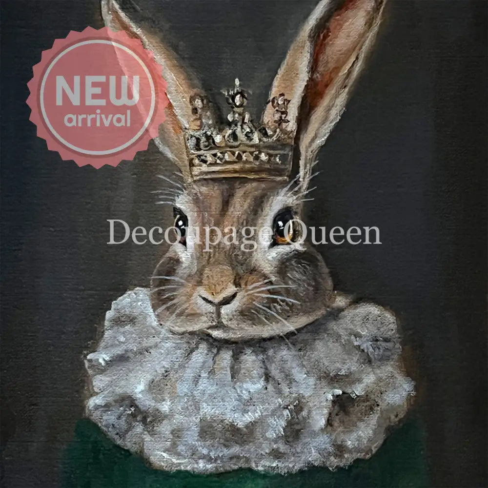 Close-up of a rice paper that featuring a portrait painting of a regal rabbit donning a crown and frilly collar.