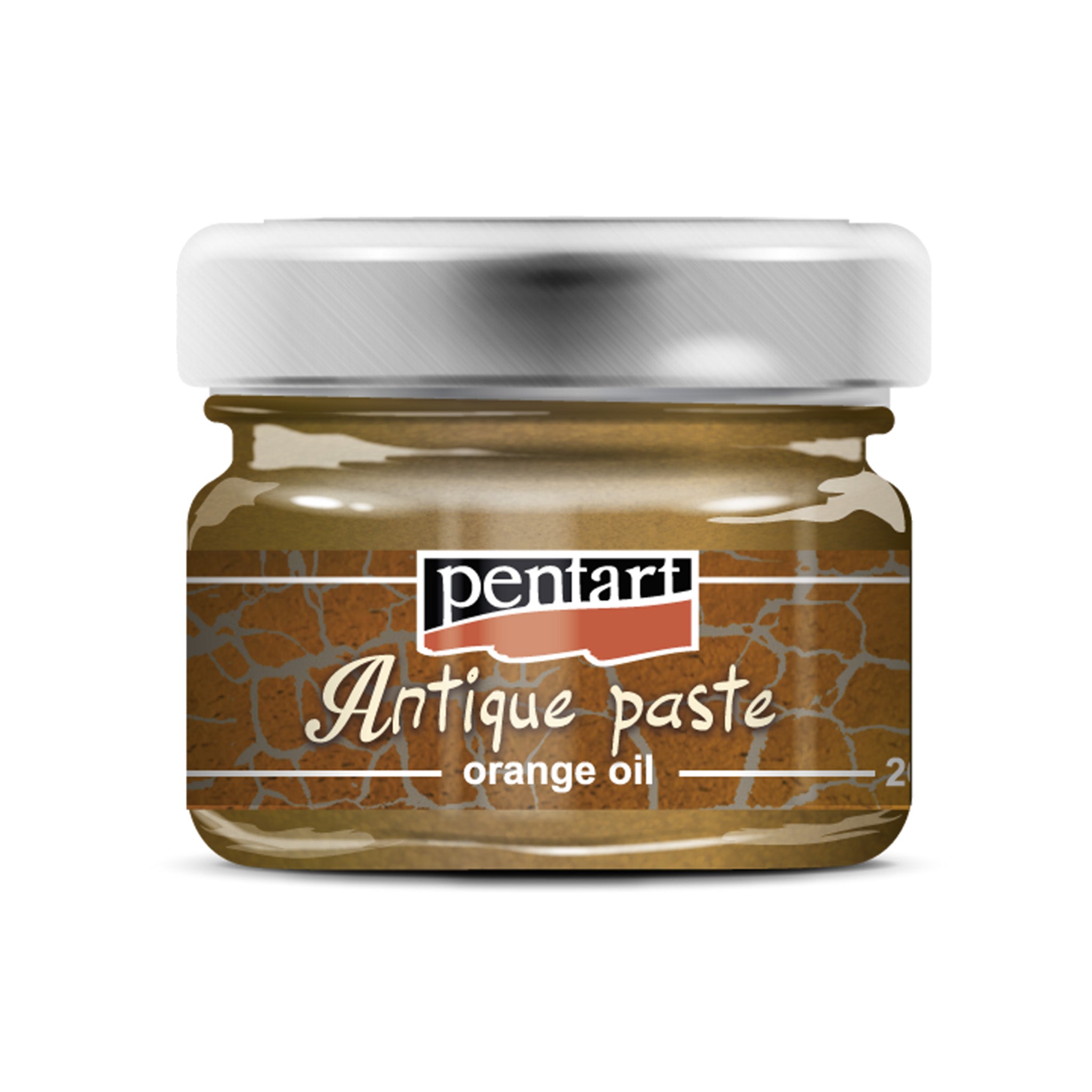 A 0.68 fl oz. (20 ml) of Pentart's Gold Antique Paste made with orange oil is against a white background.