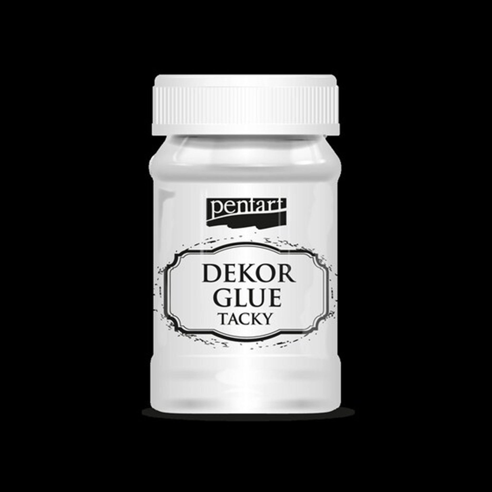 A 3.4 ounce (100 ml) container of Pentart's Dekor Glue Tacky is against a black background.