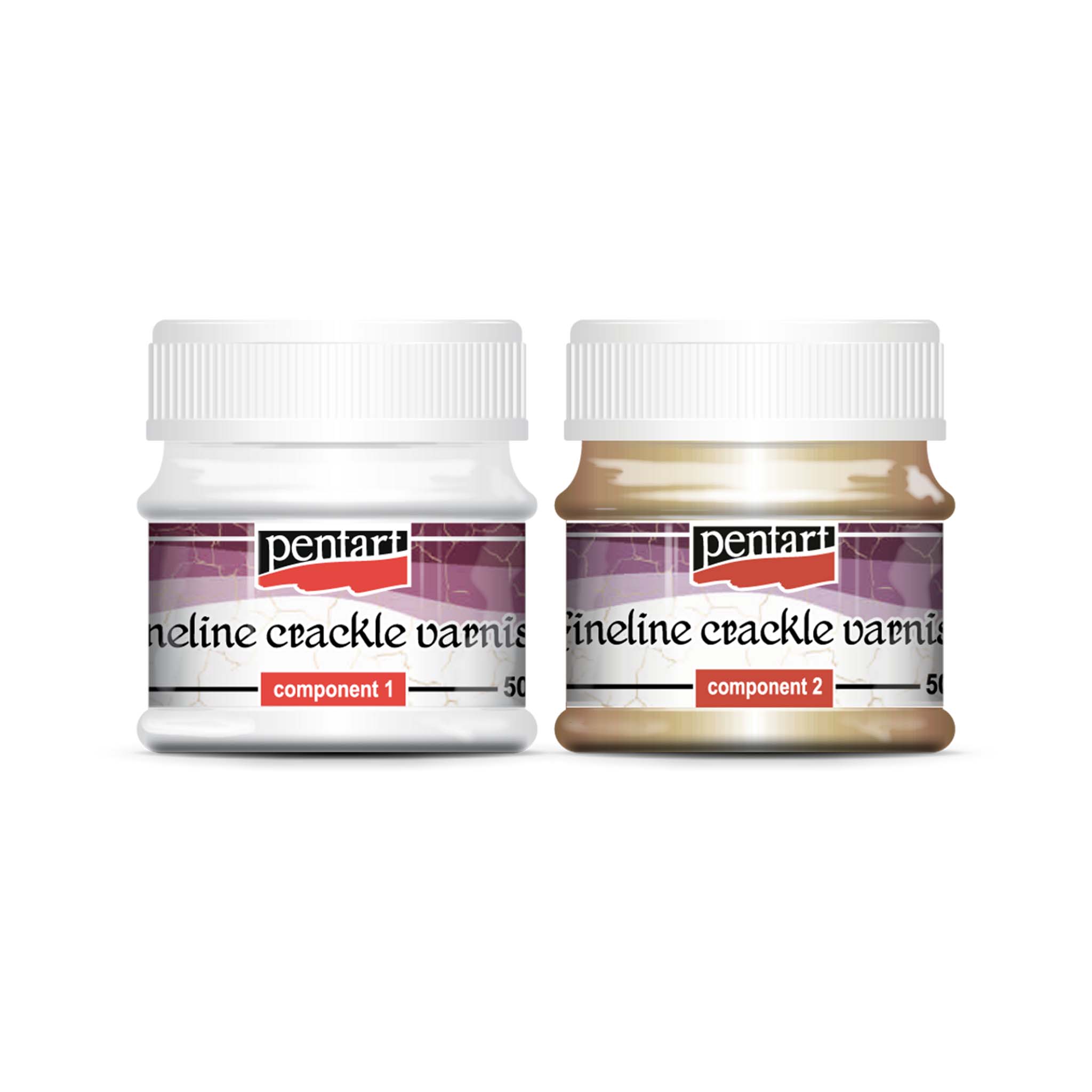 Two 50ml containers of Pentart's Fineline Crackle Varnish are against a white background. The left container is Component 1 and the right container is Component 2.