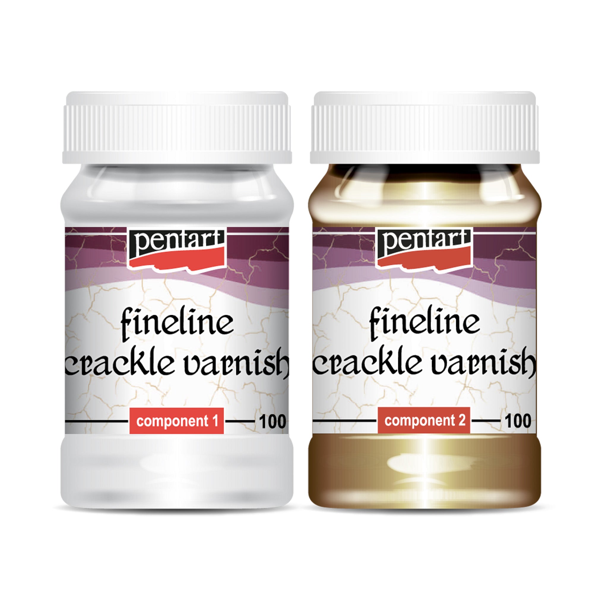 Two 100ml containers of Pentart's Fineline Crackle Varnish are against a white background. The left container is Component 1 and the right container is Component 2.
