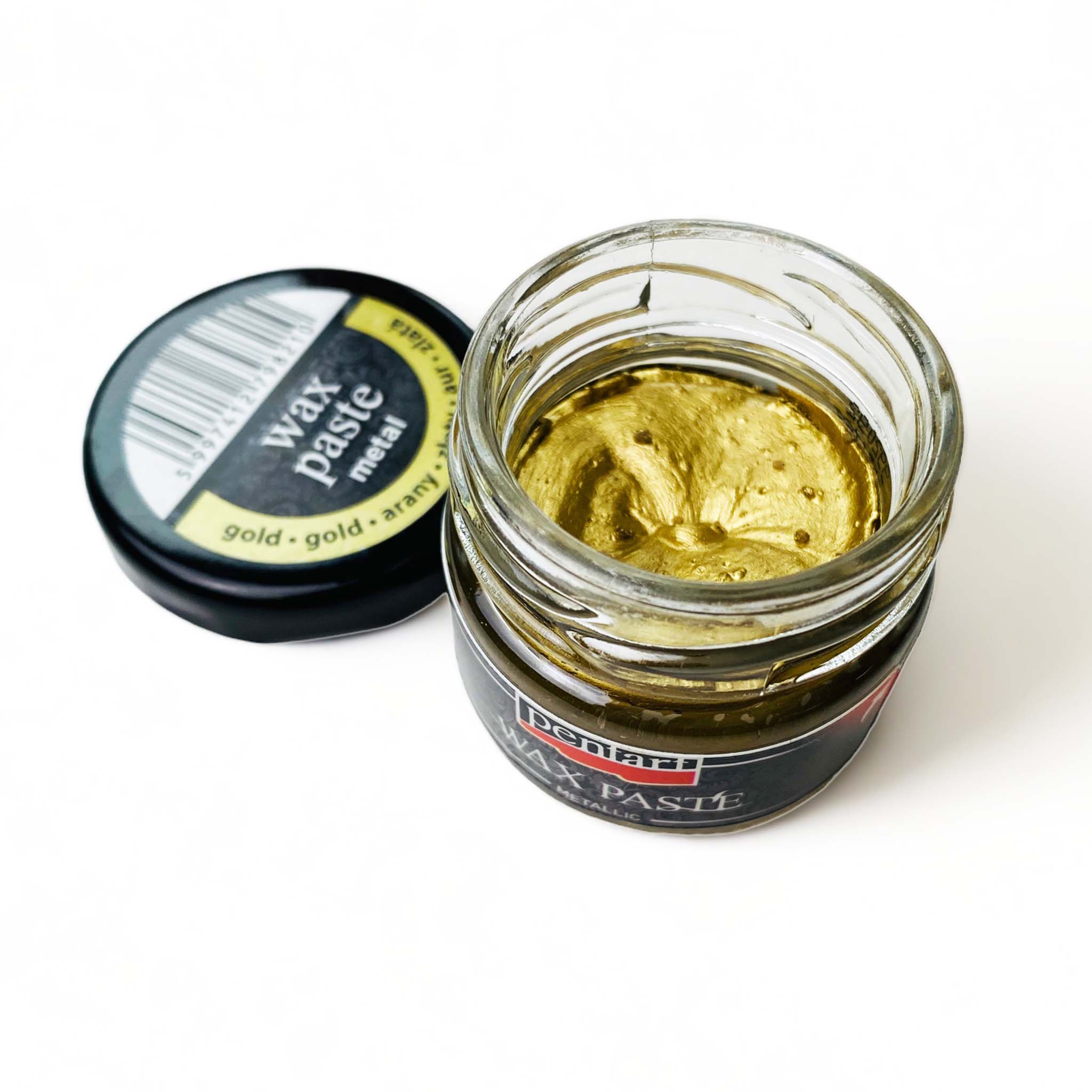An open jar of a 0.68 ounce jar of metallic gold wax paste by Pentart is against a white background. 