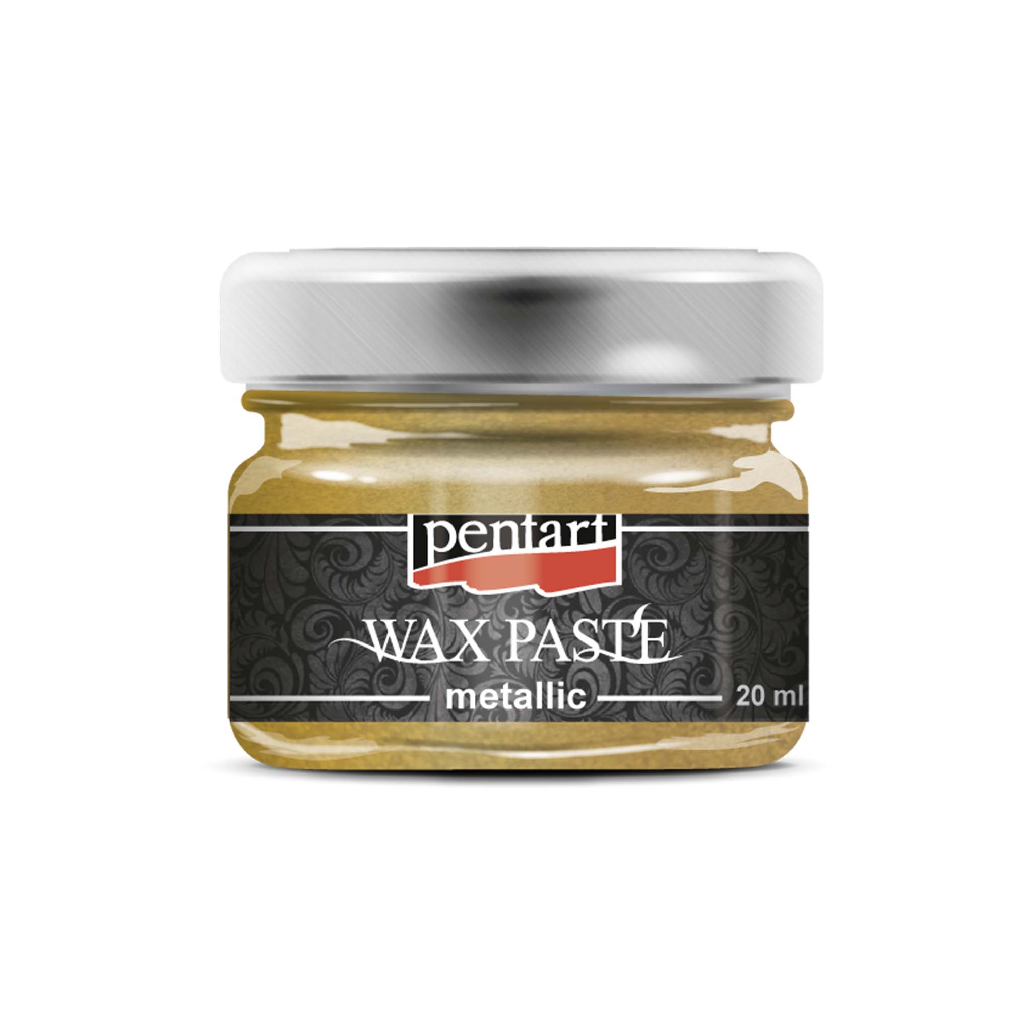 A 20ml/0.68 ounce jar of metallic gold wax paste by Pentart is against a white background. 