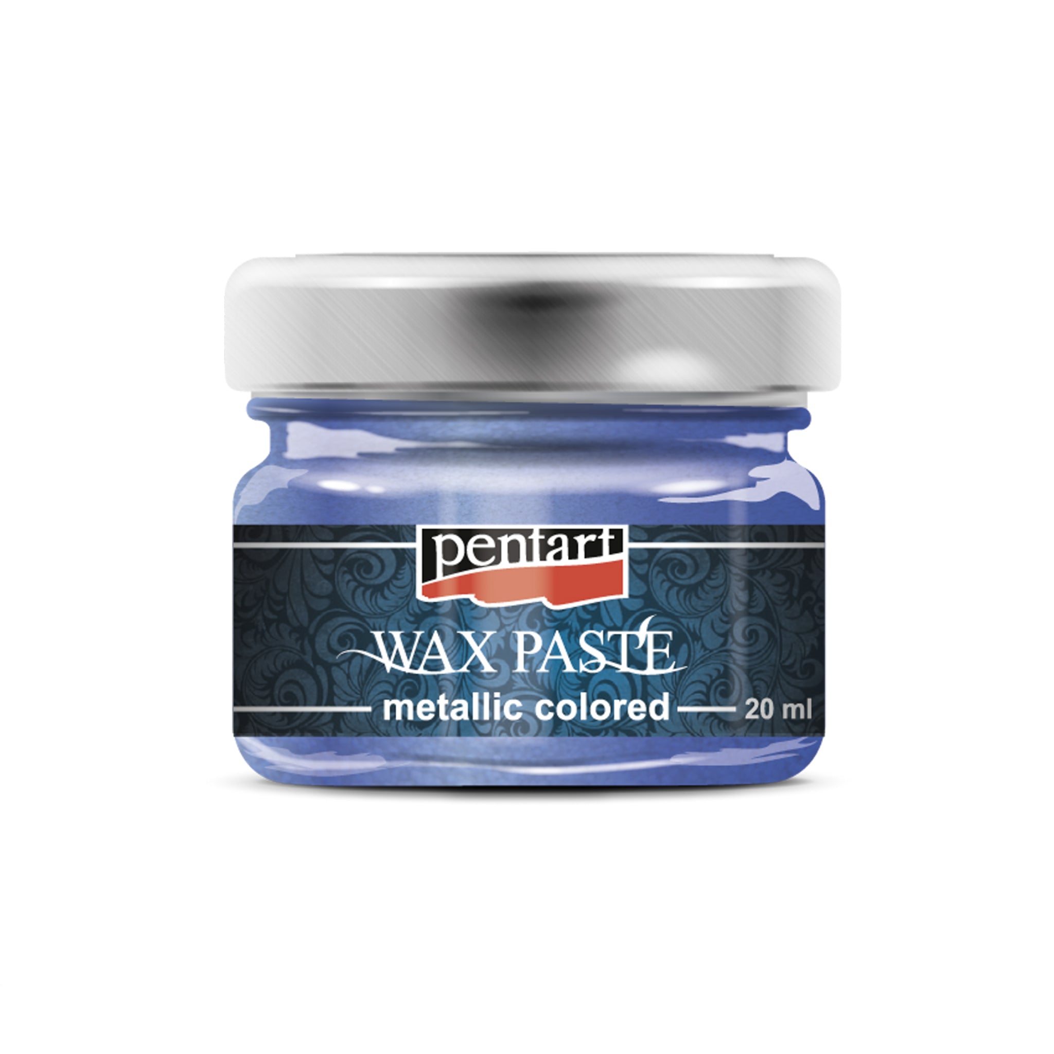 A 20ml/0.68 ounce jar of Blue Metallic Wax Paste by Pentart is against a white background. 