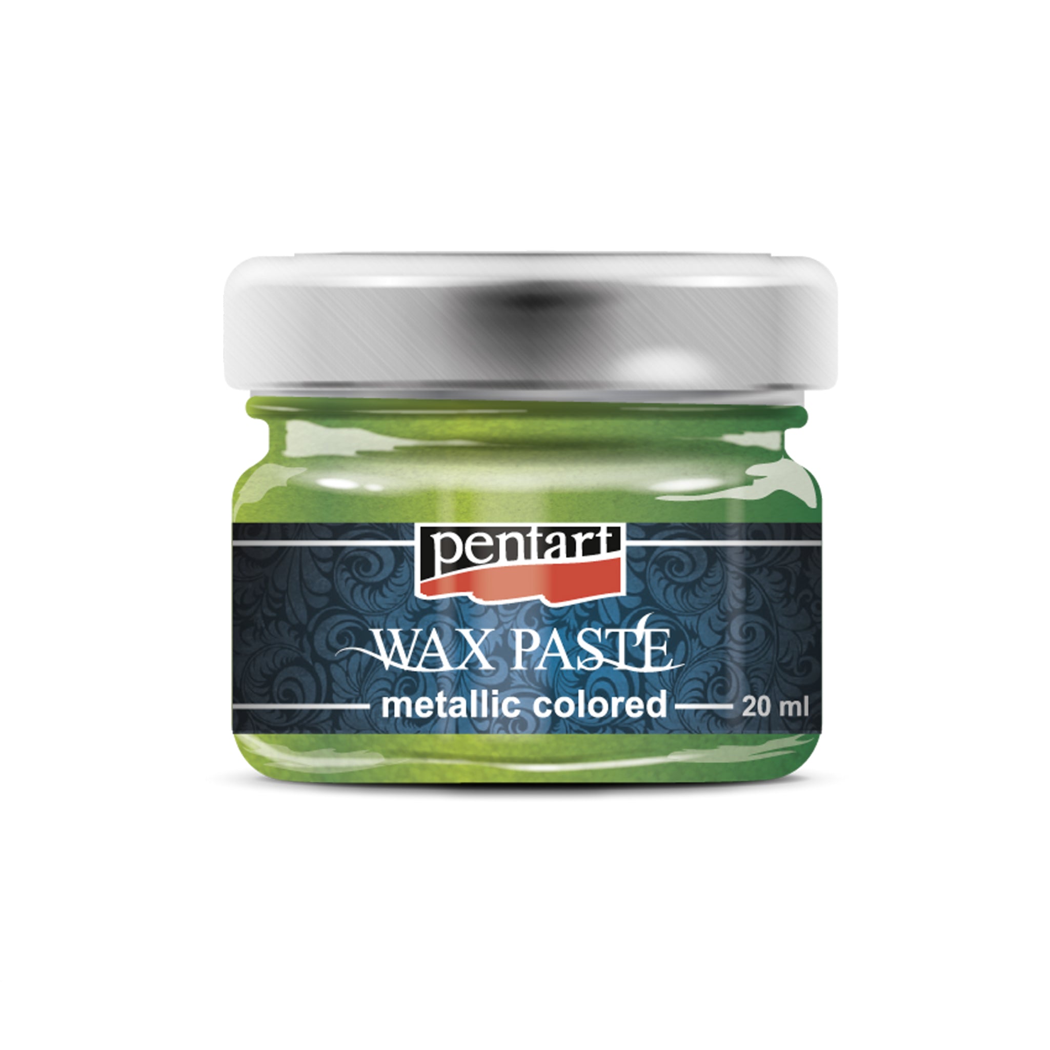 A 20ml/0.68 ounce jar of Green Metallic Wax Paste by Pentart is against a white background. 