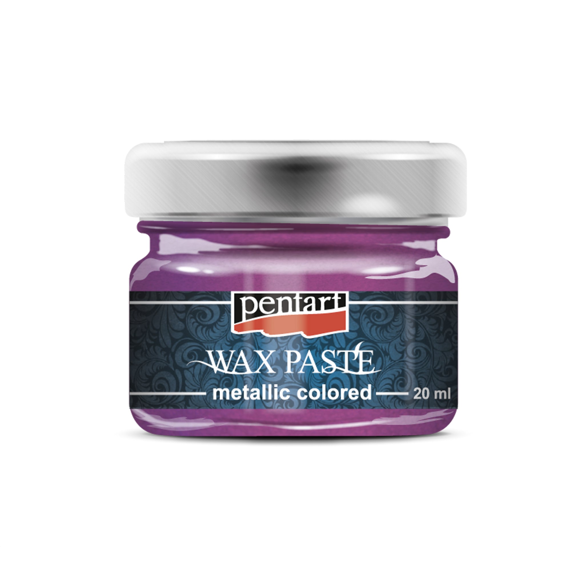 A 20ml/0.68 ounce jar of Magenta Metallic Wax Paste by Pentart is against a white background. 