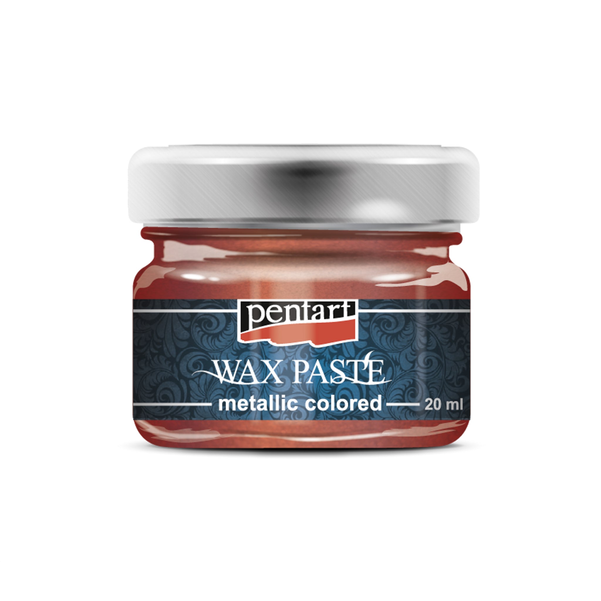 A 20ml/0.68 ounce jar of Red Metallic Wax Paste by Pentart is against a white background. 