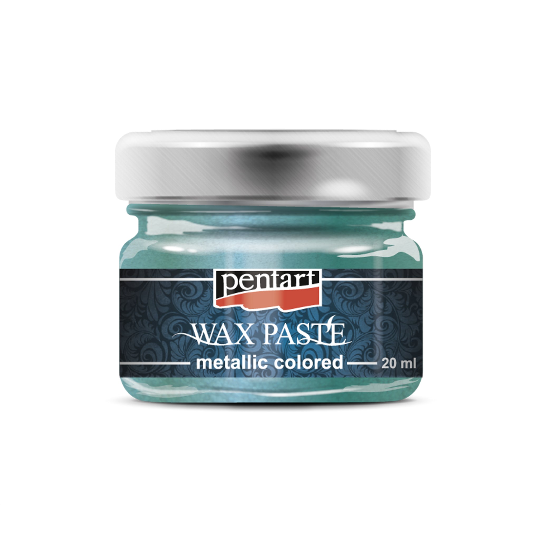 A 20ml/0.68 ounce jar of Turquoise Metallic Wax Paste by Pentart is against a white background. 