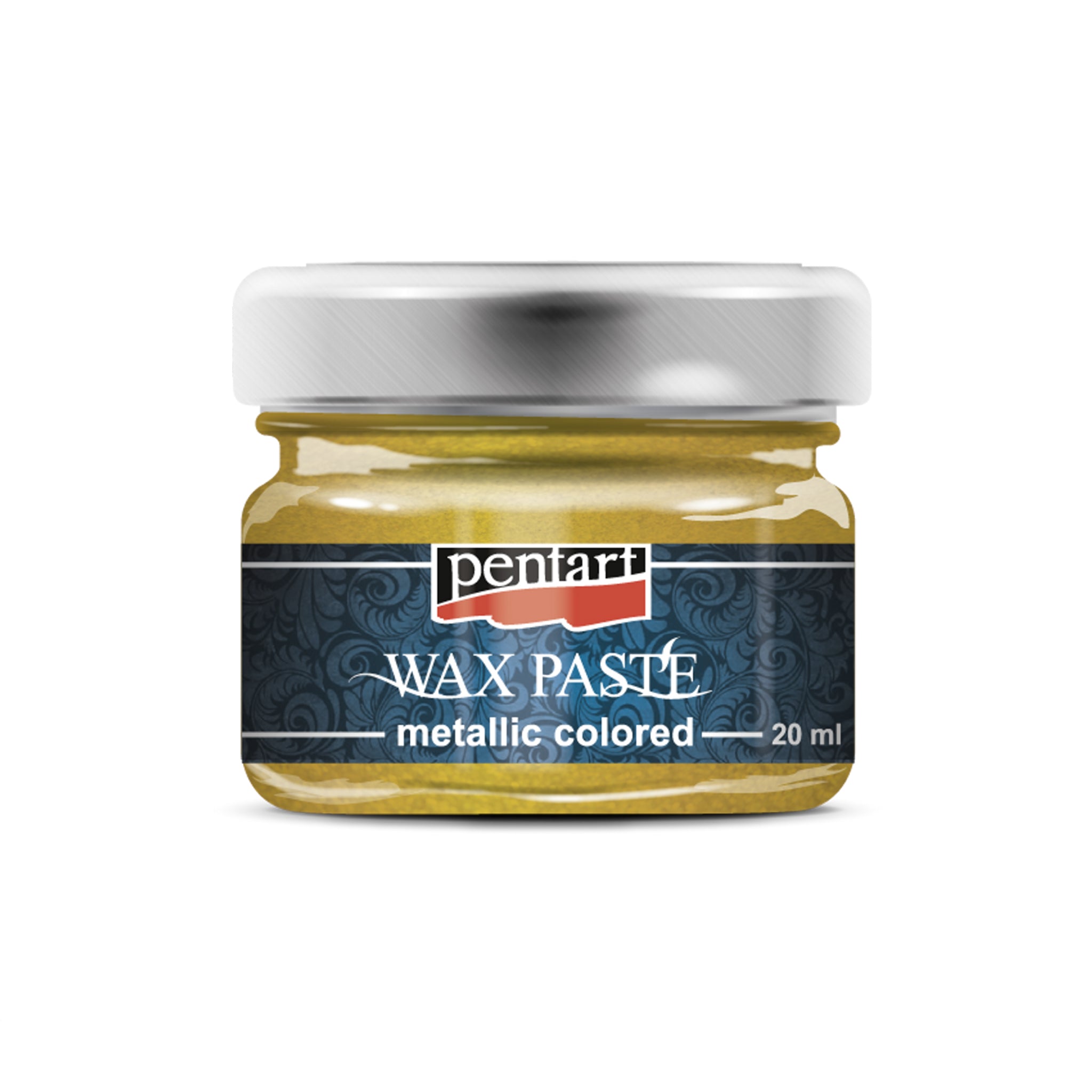 A 20ml/0.68 ounce jar of Yellow Metallic Wax Paste by Pentart is against a white background. 