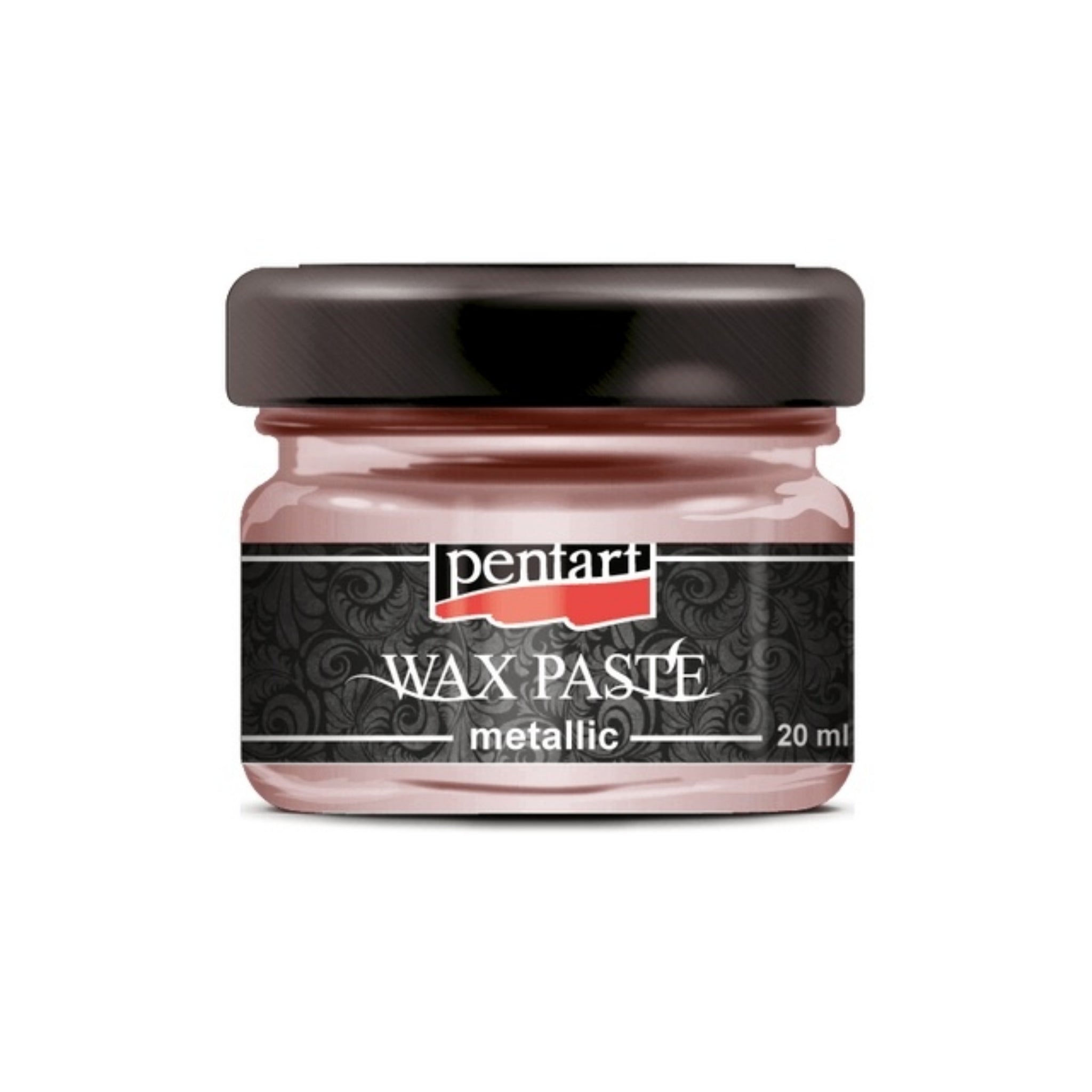 A 20ml/0.68 ounce jar of Rose Gold Metallic Wax Paste by Pentart is against a white background. 