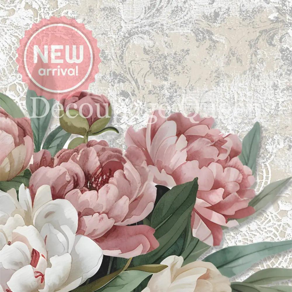 Close-up of a rice paper that features a stunning bouquet of pink and white peonies set against a flourished background. 