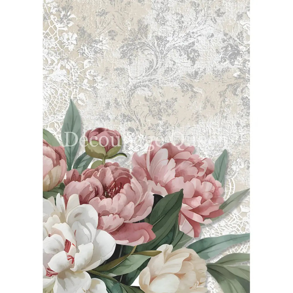 Rice paper that features a stunning bouquet of pink and white peonies set against a flourished background. White borders are on the sides.