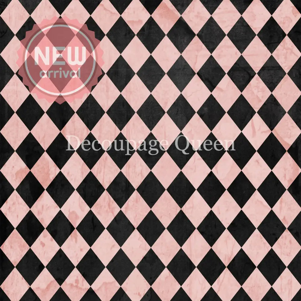 Close-up of a rice paper that featuring a soft pink and black harlequin diamond pattern. 