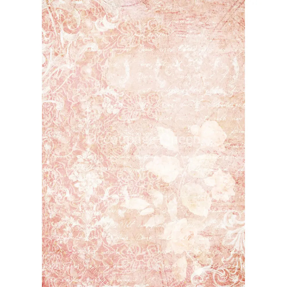 Rice paper design that features a stunning pink floral lace design accented with subtle script. White borders are on the sides.