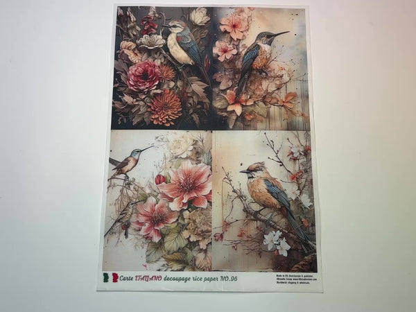 A 13 second video showing a close-up and backside of AB Studio's Old World Birds A4 rice decoupage paper is against a white background.