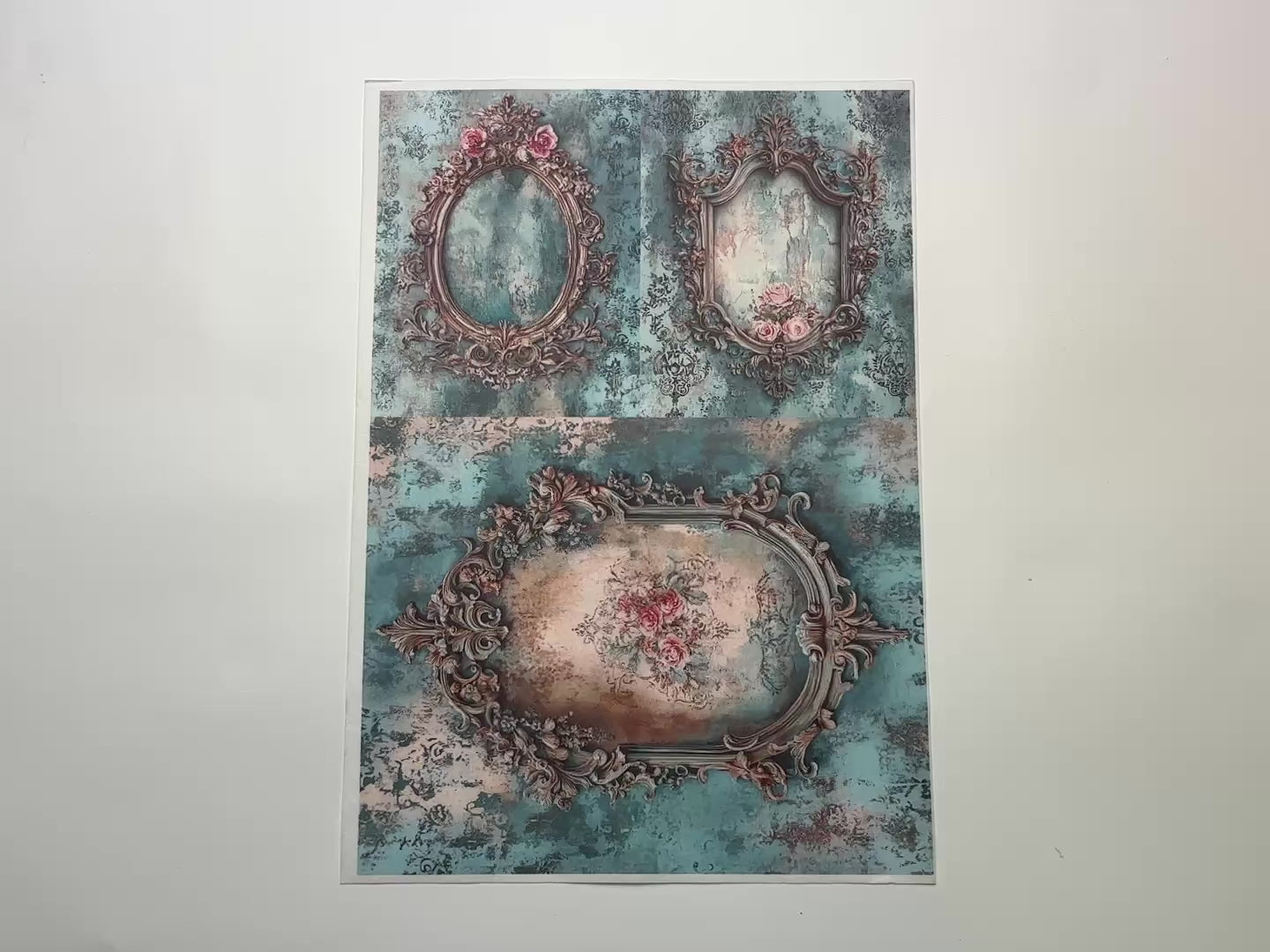 A 13 second video shows a close-up and backside of LaBlanche's Antique Ornate Frames A4 rice paper against a white background.