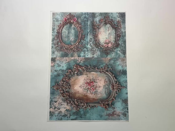 A 13 second video shows a close-up and backside of LaBlanche's Antique Ornate Frames A4 rice paper against a white background.