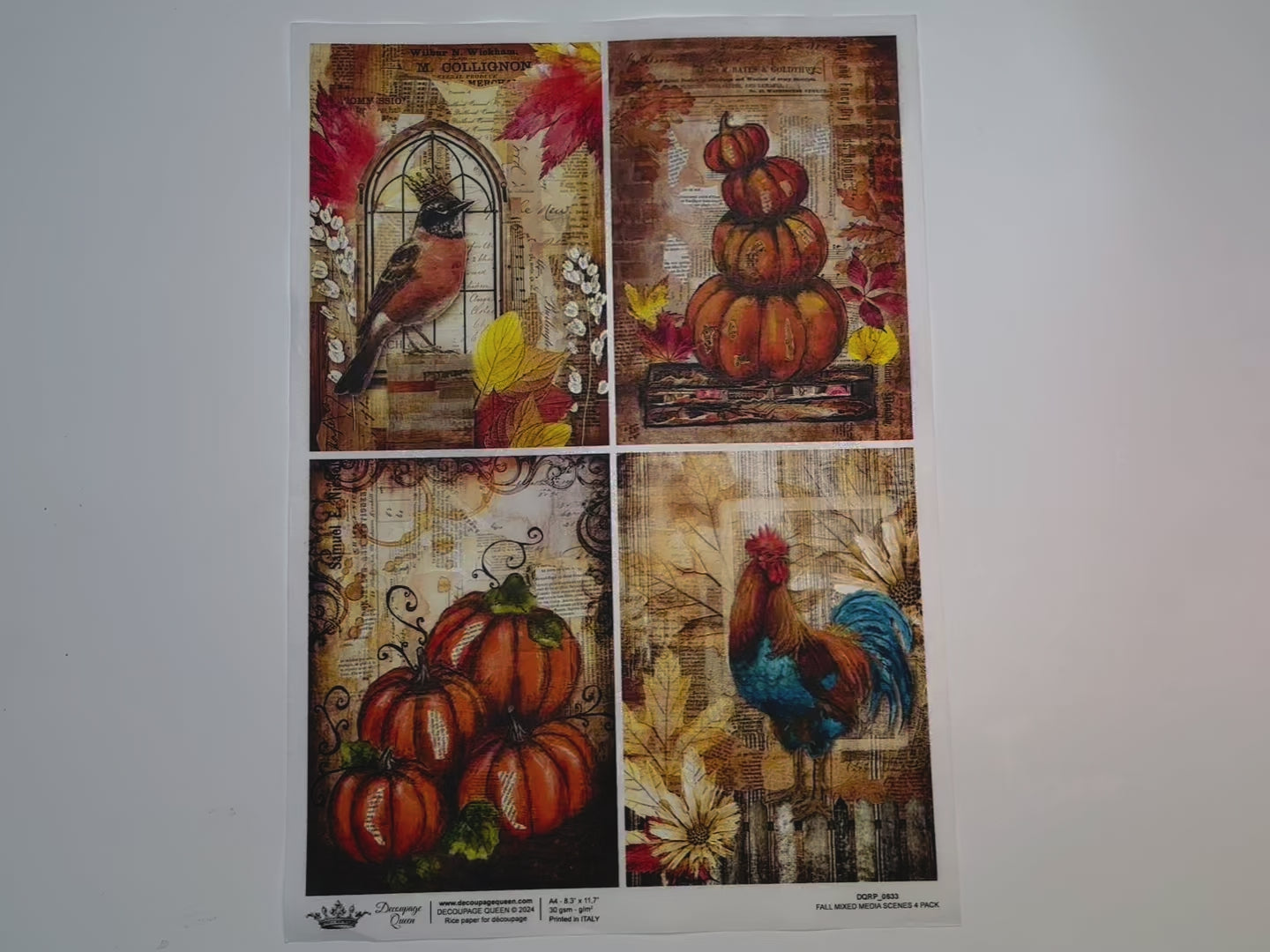 A 15 second video shows a close-up and backside of Decoupage Queen's Fall Mixed Media Scenes 4 Pack A4 rice paper.