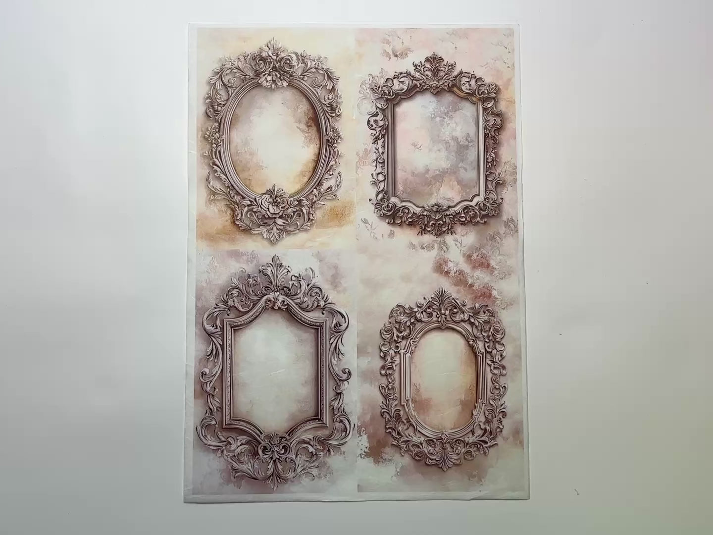 A 15 second video shows a close-up and backside of LaBlanche's Neutral Ornate Frames A4 rice paper against a white background.