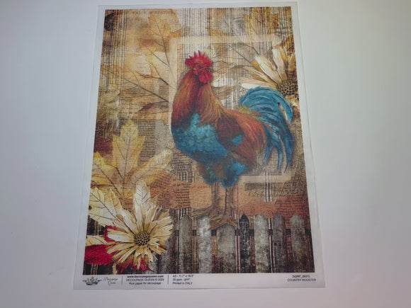 A 15 second video shows a close-up and backside of Decoupage Queen's Country Rooster A3 rice paper.