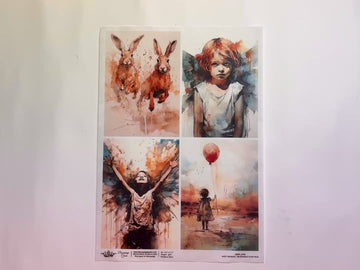 A 13 second video shows a close-up and backside of Decoupage Queen's Andy Skinner Four Abundance Scenes A4 rice paper against a white background.