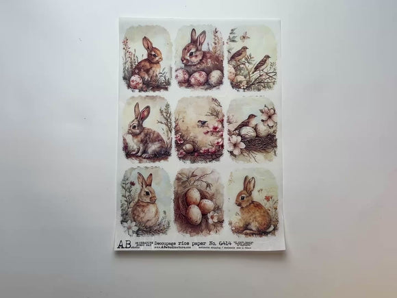 A 12 second video shows a close-up and backside of AB Studio's Easter Rabbits and Birds 9 Pack A4 rice paper against a white background.