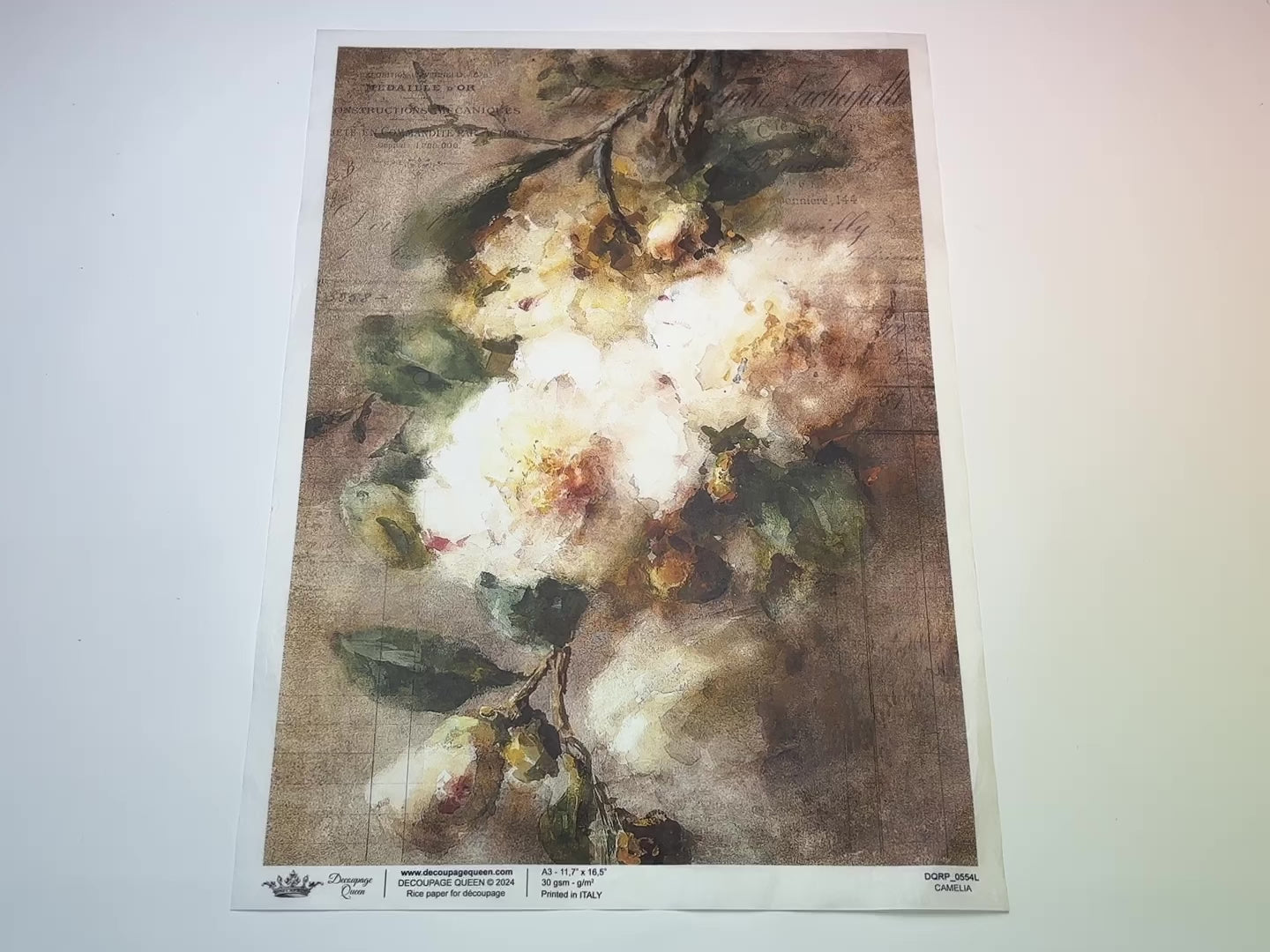 A 14 second video of a close-up and backside of Decoupage Queen's Camelia A3 rice paper is against a white background.
