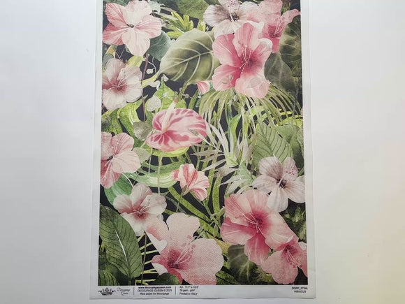 A 14 second video shows a close-up and backside of Decoupage Queen's Hibiscus A3 rice paper against a white background.