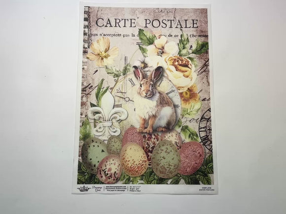 A 14 second video shows a close-up and backside of Decoupage Queen's Easter Postcard A4 rice paper against a white background.