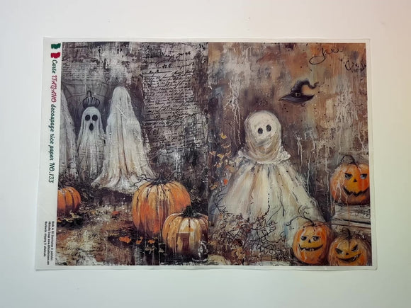 A 13 second video of a close-up and backside of AB Studio's The Ghost Family Halloween A4 rice paper is against a white background.