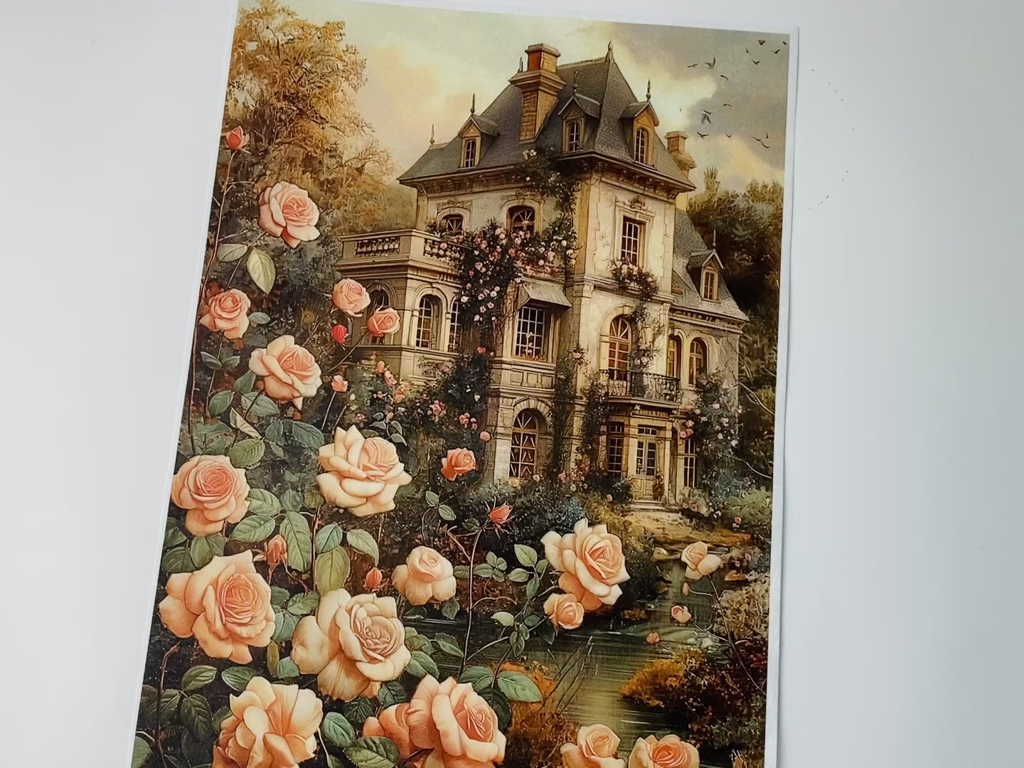 A 14 second video shows a close-up of AB Studio's Shabby Chic Victorian House A4 Plus rice paper and a hand lifting and flipping a corner to show the backside of the paper against a white background.