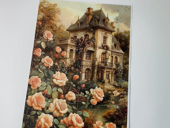 A 14 second video shows a close-up of LaBlanche's Shabby Chic Victorian House A4 Plus rice paper and a hand lifting and flipping a corner to show the backside of the paper against a white background.