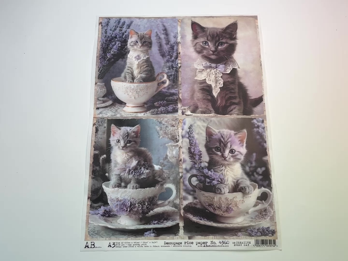 Four Kittens in Teacups A3 Rice Decoupage Paper - 0