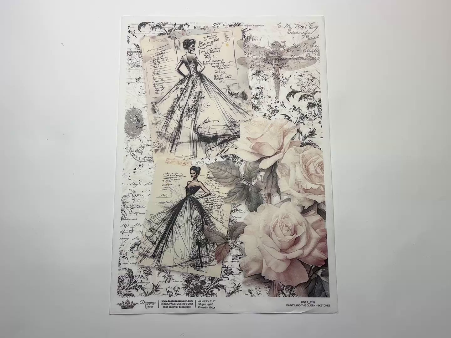 A 15 second video shows a close-up and backside of Decoupage Queen's Sketches A4 rice paper against a white background.