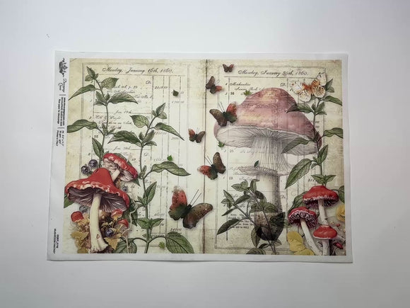 A 13 second video shows a close-up and backside of Decoupage Queen's Mushroom Fantasy A4 rice paper against a white background.