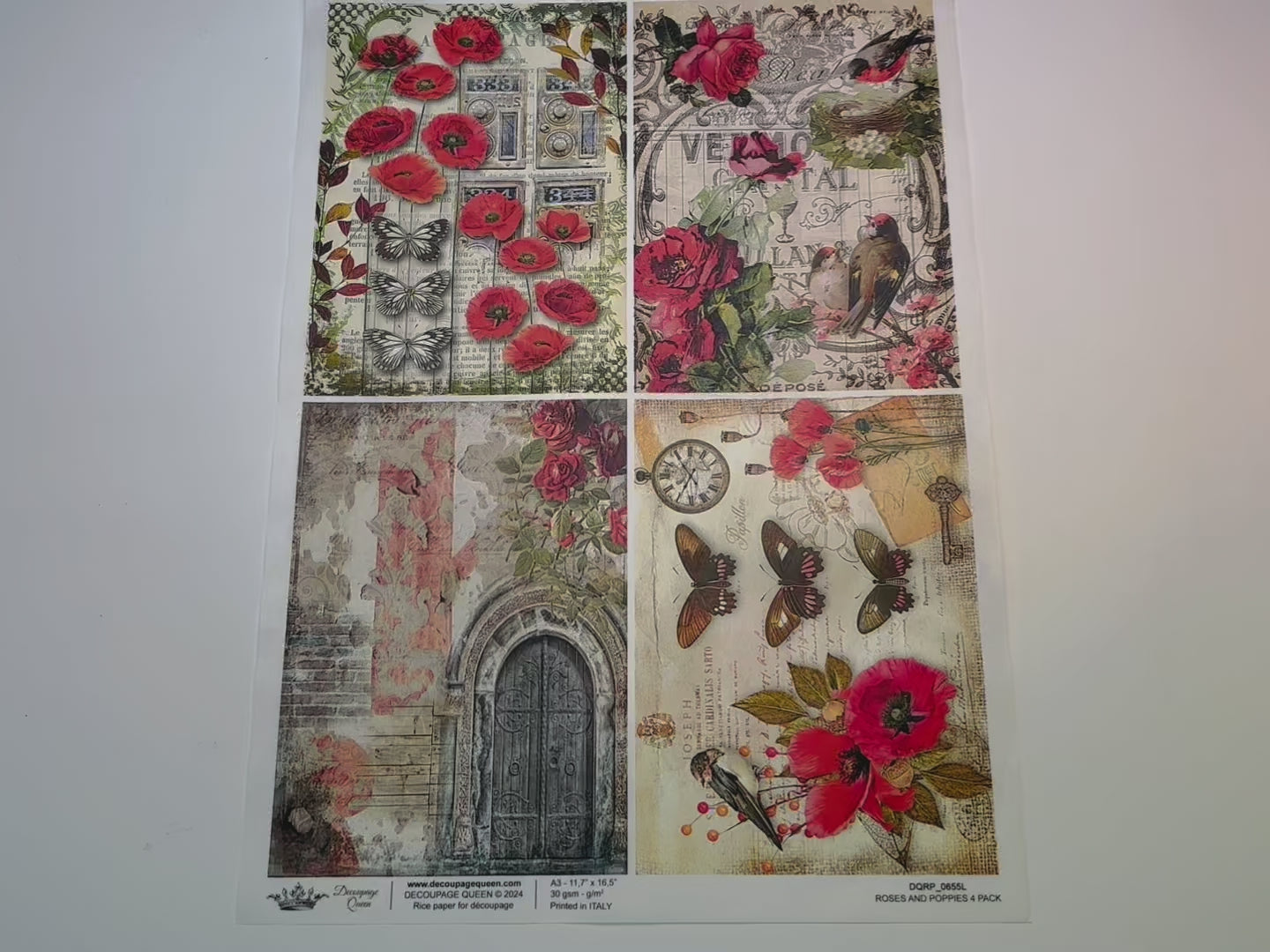 A 15 second video shows a close-up and backside of Decoupage Queen's Ross and Poppies A3 rice paper.