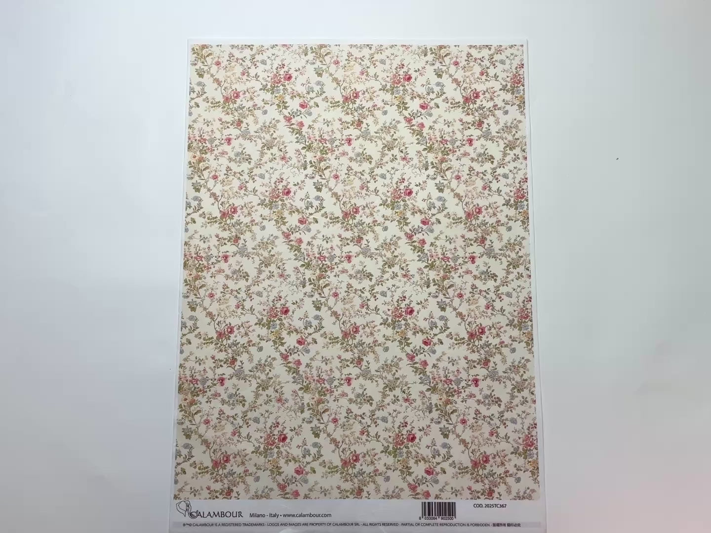 A 14 second video shows a close-up and backside of Calambour Italy's Cream Florals Pattern A3 rice paper against a white background.