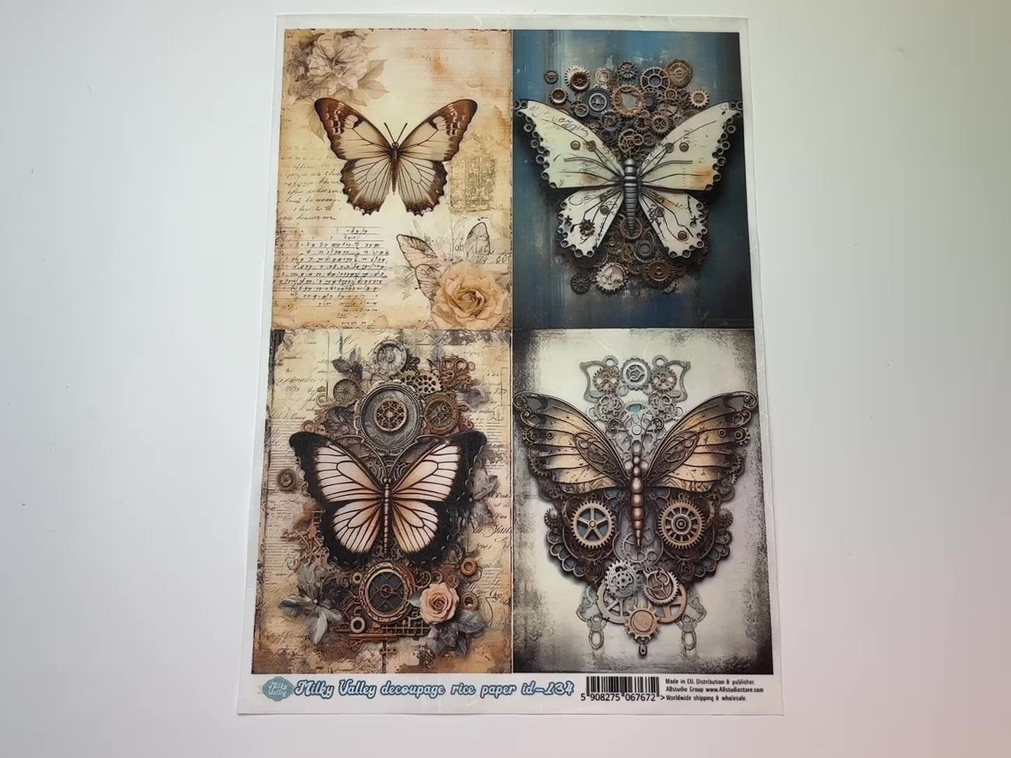 A 14 second video shows a close-up and backside of AB Studio's Rustic Butterflies 4 Pack A4 rice paper against a white background.