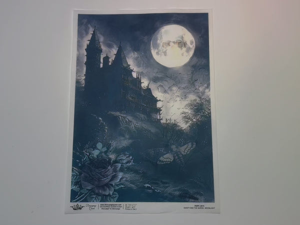 A 13 second video shows a close-up and backside of Decoupage Queen's MOONLIGHT A4 rice paper.